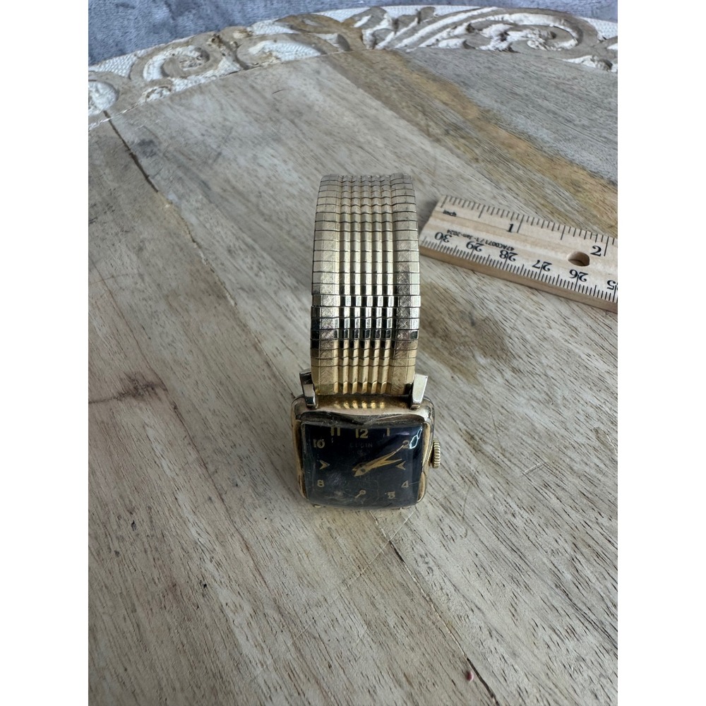 Vintage Elgin Square Black Dial Manual Wind Watch Gold Filled Expansion Band